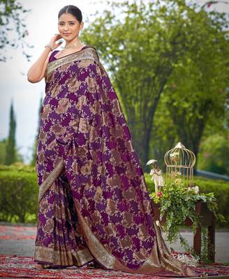 Manohari women's most trendy banarasi satin silk woven purple wine saree with jacquard work saree with blouse piece 1