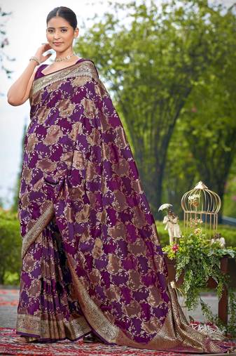 Manohari women's most trendy banarasi satin silk woven purple wine saree with jacquard work saree with blouse piece