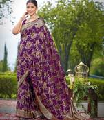 Manohari women's most trendy banarasi satin silk woven purple wine saree with jacquard work saree with blouse piece