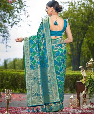 Manohari women's most trendy banarasi satin silk woven turquiose blue saree with jacquard work saree with blouse piece 2