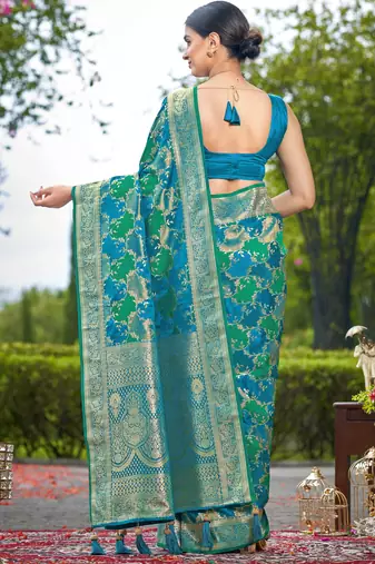 Manohari women's most trendy banarasi satin silk woven turquiose blue saree with jacquard work saree with blouse piece