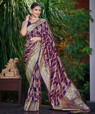 Manohari women's most trendy banarasi satin silk woven purple wine saree with jacquard work saree with blouse piece 1