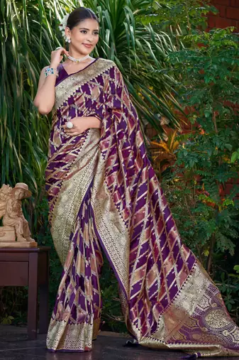 Manohari women's most trendy banarasi satin silk woven purple wine saree with jacquard work saree with blouse piece