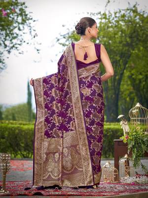 Manohari women's most trendy banarasi satin silk woven purple wine saree with jacquard work saree with blouse piece 2