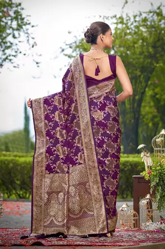 Manohari women's most trendy banarasi satin silk woven purple wine saree with jacquard work saree with blouse piece