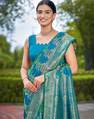 Manohari women's most trendy banarasi satin silk woven turquiose blue saree with jacquard work saree with blouse piece 3