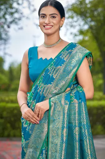 Manohari women's most trendy banarasi satin silk woven turquiose blue saree with jacquard work saree with blouse piece