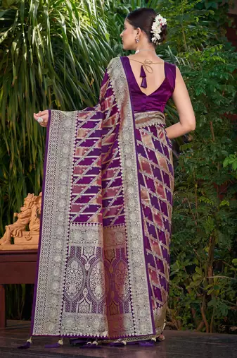 Manohari women's most trendy banarasi satin silk woven purple wine saree with jacquard work saree with blouse piece