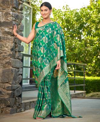 Manohari women's most trendy banarasi satin silk woven aqua green saree with heavy jacquard work saree with blouse piece 1