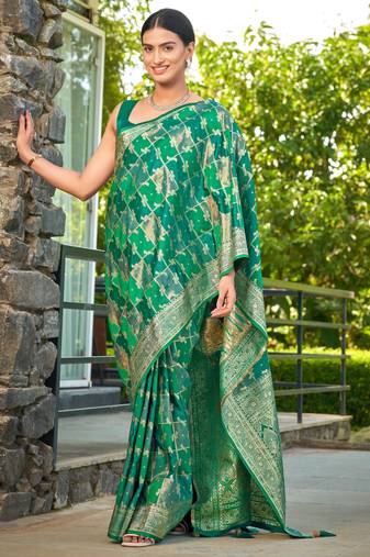 Manohari women's most trendy banarasi satin silk woven aqua green saree with heavy jacquard work saree with blouse piece