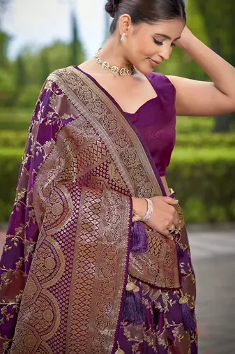Manohari women's most trendy banarasi satin silk woven purple wine saree with jacquard work saree with blouse piece