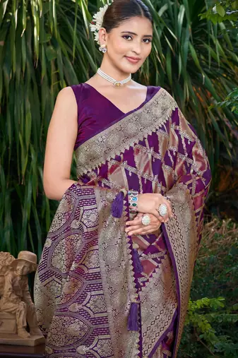 Manohari women's most trendy banarasi satin silk woven purple wine saree with jacquard work saree with blouse piece