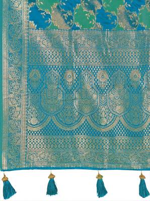 Manohari women's most trendy banarasi satin silk woven turquiose blue saree with jacquard work saree with blouse piece 5