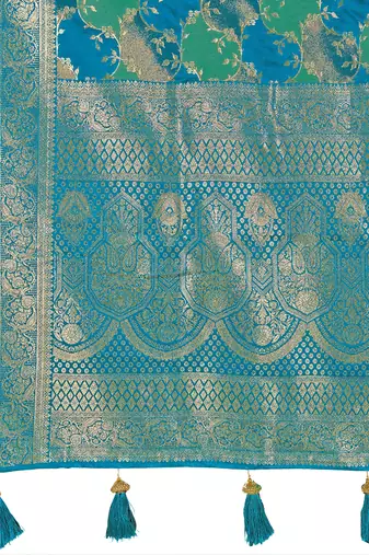 Manohari women's most trendy banarasi satin silk woven turquiose blue saree with jacquard work saree with blouse piece