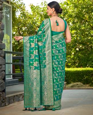 Manohari women's most trendy banarasi satin silk woven aqua green saree with heavy jacquard work saree with blouse piece 2