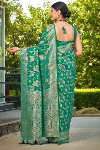 Manohari women's most trendy banarasi satin silk woven aqua green saree with heavy jacquard work saree with blouse piece