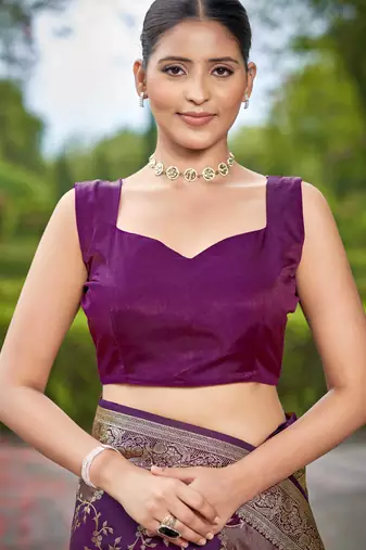 Manohari women's most trendy banarasi satin silk woven purple wine saree with jacquard work saree with blouse piece