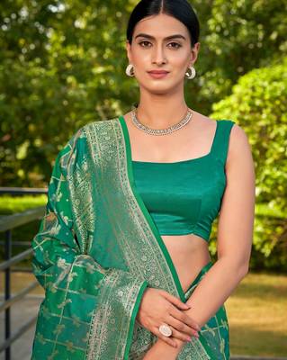 Manohari women's most trendy banarasi satin silk woven aqua green saree with heavy jacquard work saree with blouse piece 3