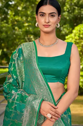 Manohari women's most trendy banarasi satin silk woven aqua green saree with heavy jacquard work saree with blouse piece