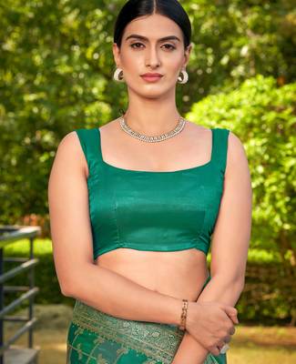 Manohari women's most trendy banarasi satin silk woven aqua green saree with heavy jacquard work saree with blouse piece 4