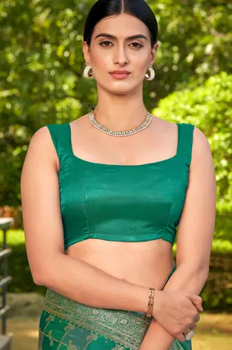 Manohari women's most trendy banarasi satin silk woven aqua green saree with heavy jacquard work saree with blouse piece