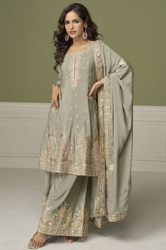 Light grey chinon silk embroidered sharara suit