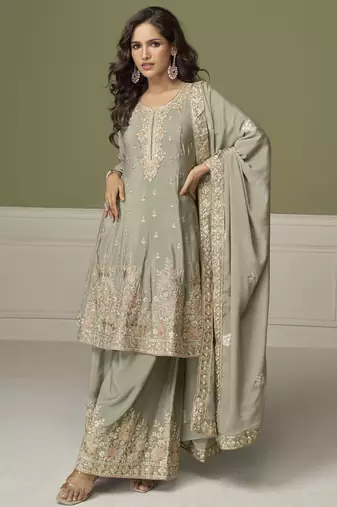 Light grey chinon silk embroidered sharara suit