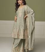 Light grey chinon silk embroidered sharara suit