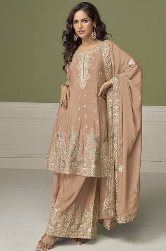 Light peach chinon silk embroidered sharara suit