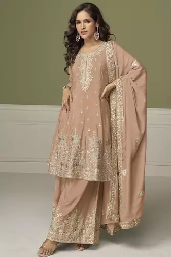 Light peach chinon silk embroidered sharara suit
