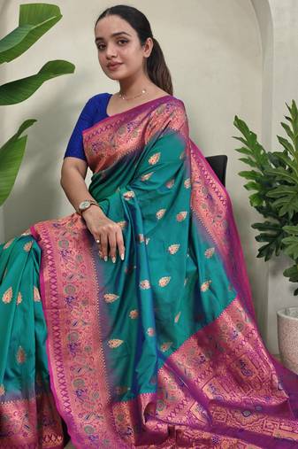 Green woven silk blend saree with blouse