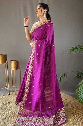 Wine embellished silk blend saree with blouse