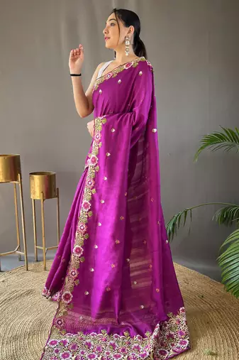 Wine embellished silk blend saree with blouse