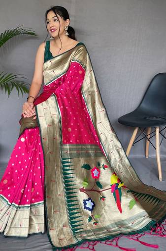 Pink printed silk blend saree with blouse 