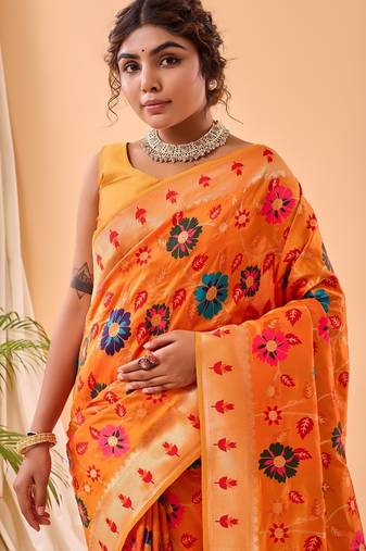 Orange printed silk blend saree with blouse