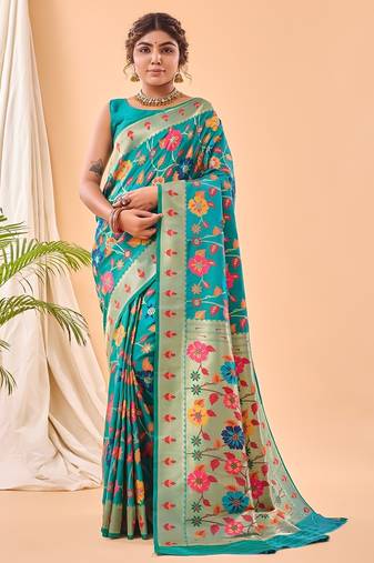 Blue printed silk blend saree with blouse