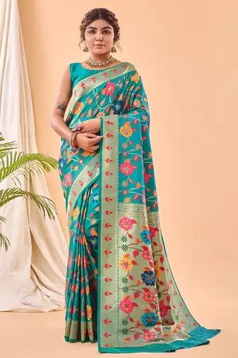 Blue printed silk blend saree with blouse