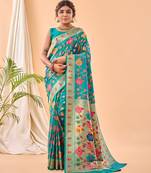 Blue printed silk blend saree  with blouse