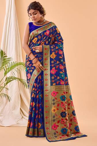 Blue printed silk blend saree with blouse