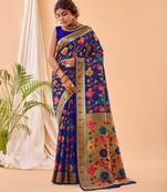 Blue printed silk blend saree  with blouse