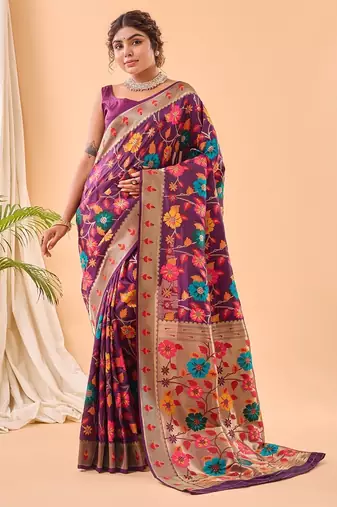Pink printed silk blend saree with blouse