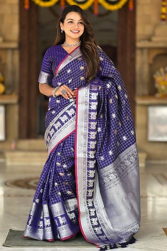 Blue self design embellished silk blend saree with blouse