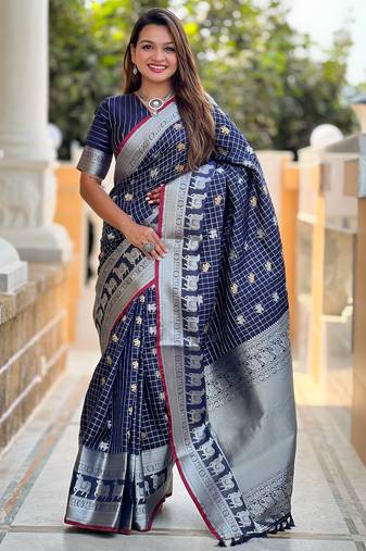 Blue self design embellished silk blend saree with blouse