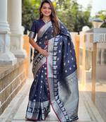 Blue self design embellished silk blend saree  with blouse
