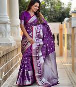 Purple self design embellished silk blend saree  with blouse
