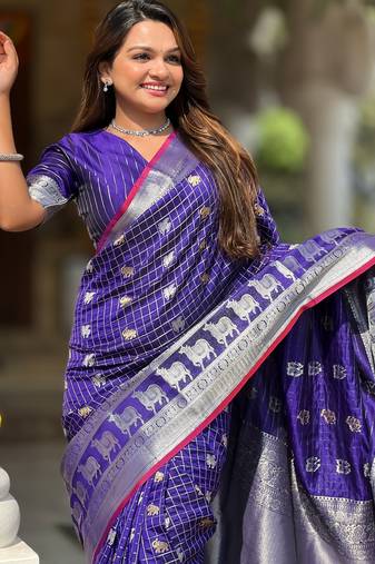 Blue self design embellished silk blend saree with blouse