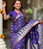 Blue self design embellished silk blend saree  with blouse