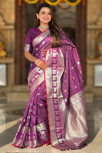 Wine self design embellished silk blend saree with blouse