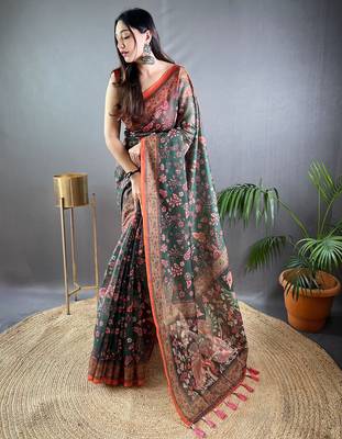Green printed silk blend saree  with blouse 1