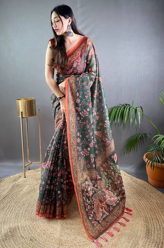 Green printed silk blend saree with blouse